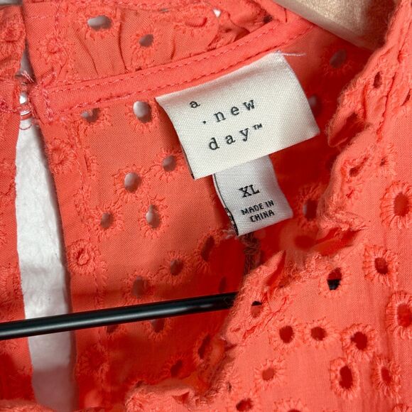 A New Day‎ Womens Blouse XL Orange Coral Eyelet Sheer Light Ruffle Summer Boho - Picture 3 of 11